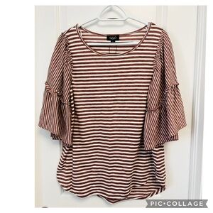 GIGIO USA RUFFLE CONTRASTING STRIPE SLEEVE TOP